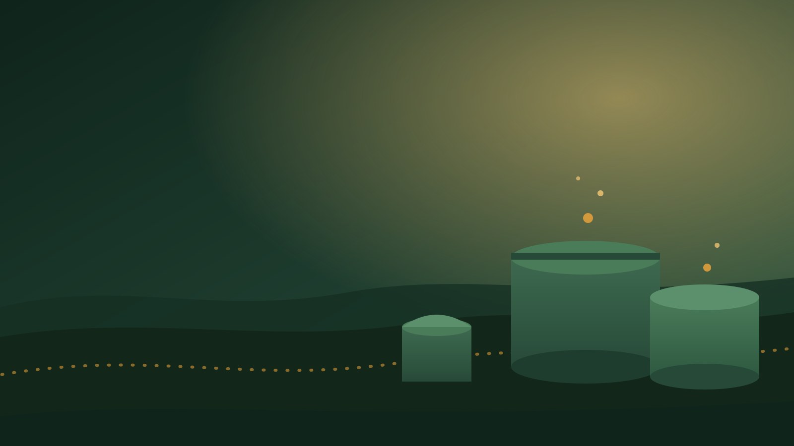 Illustrated biogas digester tanks and pipeline at dusk